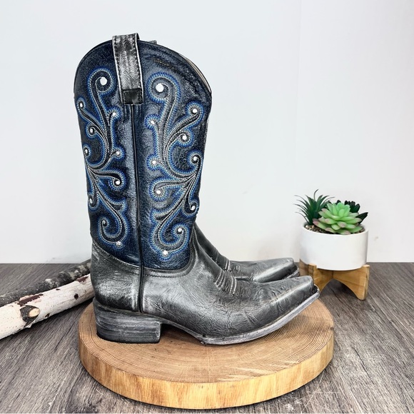 *Rockin Leather | Grey/Navy Western Distressed Leather Boots Size 6.5E - Picture 5 of 16